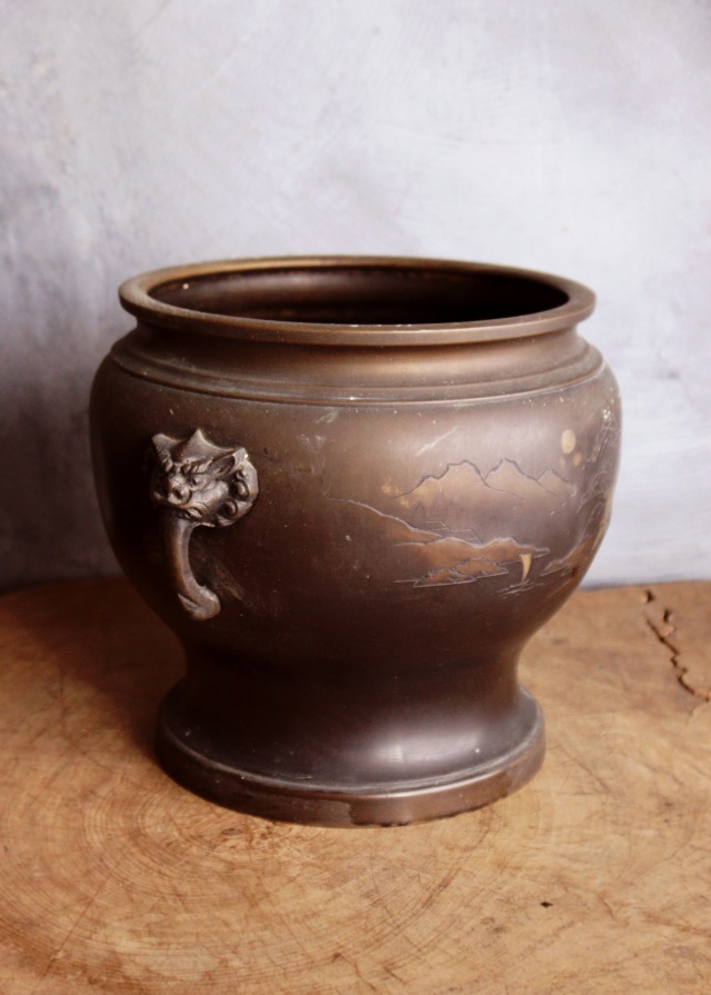 象嵌火鉢 瓶掛け 火鉢 手あぶり 鉢カバー 骨董 風炉 涼炉 金属火鉢