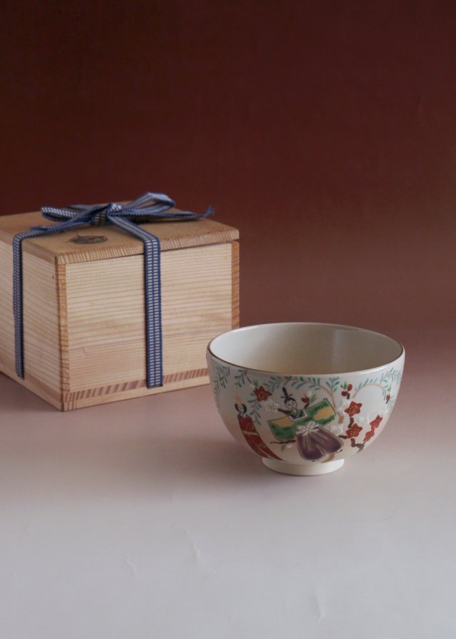 御節句柳桃雛絵茶碗 中村陶彩作茶碗 京焼 茶道具 抹茶碗 お正月 鶴松