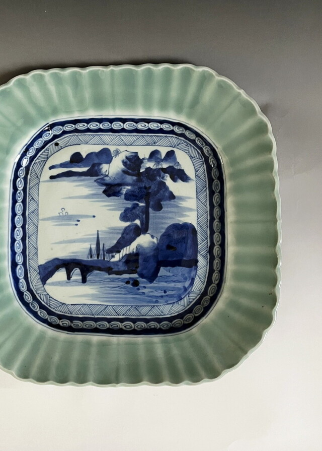 古舫庵コレクション青磁染付隅切四方皿 大皿 盛皿 飾り皿