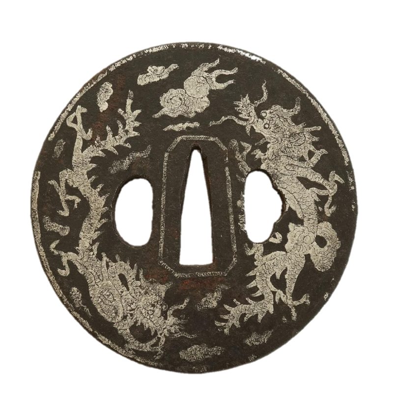 伝統的な日本の鉄製鍔 海の生物デザイン 伝統的な日本の