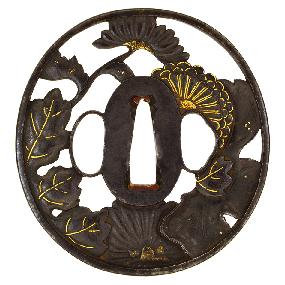 脇差拵 菊花図柄縁頭 鍔桜扇透 繋ぎは木製 書1 脇差拵 菊花図柄縁頭 鍔