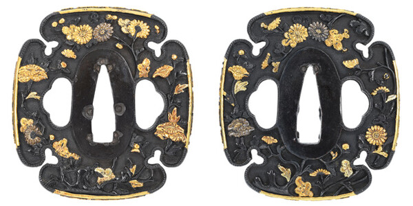 鍔 無銘 古美濃 菊牡丹図鍔 (TU-021124)｜刀・日本刀の販売なら日本刀