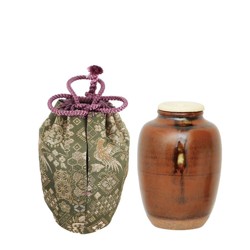 茶道具 茶入（ちゃいれ） 茶入 瀬戸釉 肩衝茶入 仕覆：地文尽長尾鳥