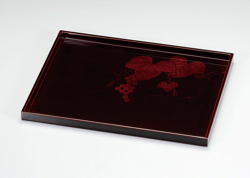 盆お盆・お膳-【手描き蒔絵・箔蒔絵】越前塗 溜ぶどう 長角盆［1枚
