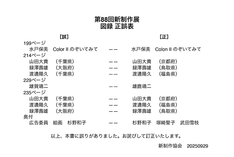 第88回新制作展 図録 正誤表新制作協会
