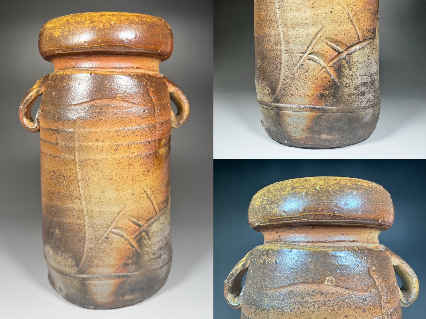 備前焼 人間国宝 金重陶陽作 耳付花入 共箱 M R8532 備前焼 人間国宝