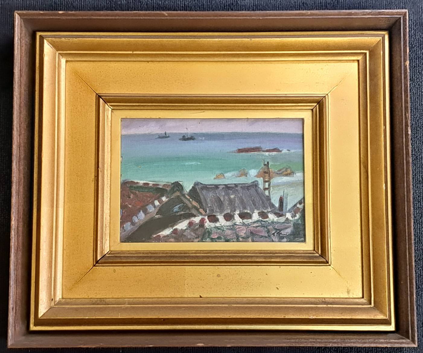 藤本東一良 油彩SM号「漁村風景」日動画廊シール | 新栄堂