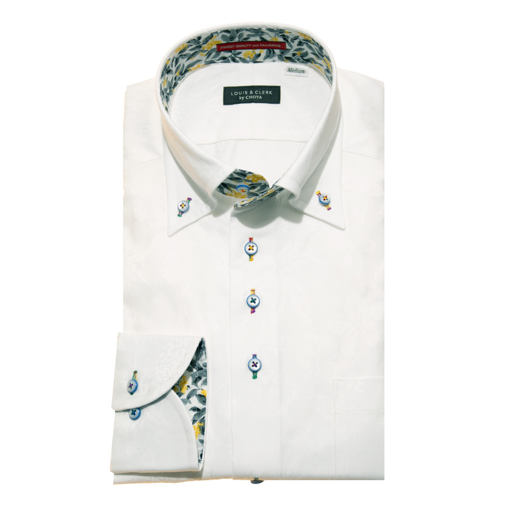 ワイシャツ 花柄 草木、ボタニカル ホワイト ジャカード LOUIS & CLERK