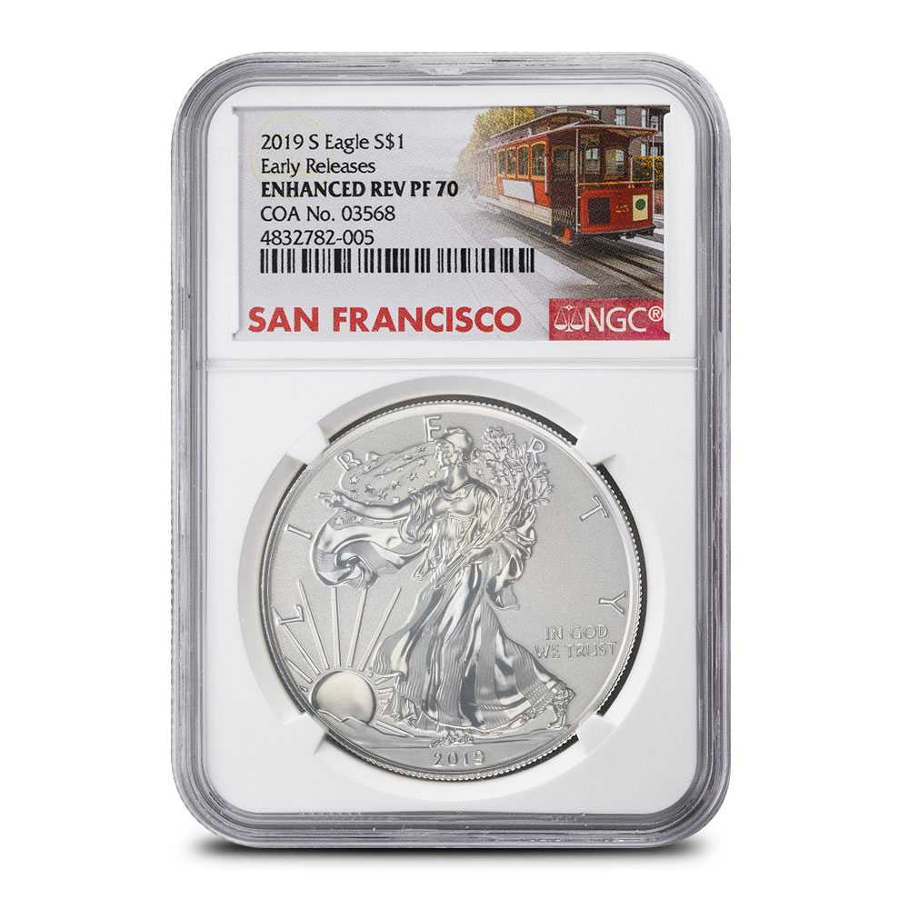 2019-S Silver Eagle Enhanced Reverse Proof NGC PF70 (VL) - Silver.com™
