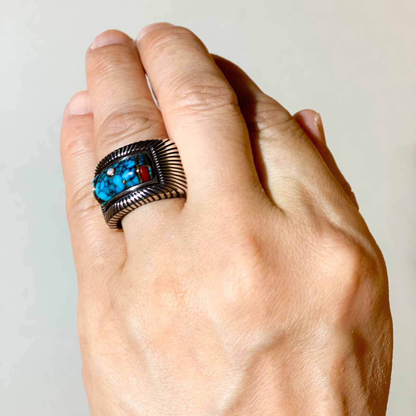 Raymond Yazzie gem inlay ring 407 | ターコイズ・メンズシルバー