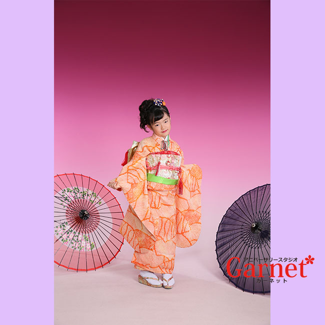浜松市七五三前撮り】お持込 オレンジの絞りのお着物｜浜松店