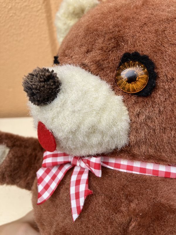 Gingham Check Ribbon Old Teddy Bear くま ビンテージ ぬいぐるみ