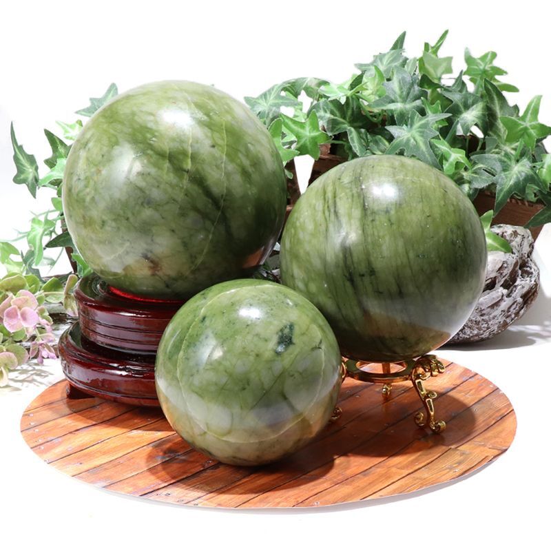 置物 丸玉 岫岩玉 約11cm 中国産 ヒーリング リラックス 厄除け