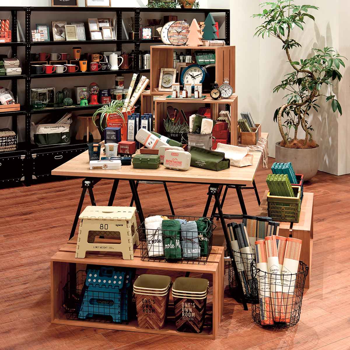 マルシェ簡易テーブル 天板ラスティック柄 ブラック脚〔ストエキ