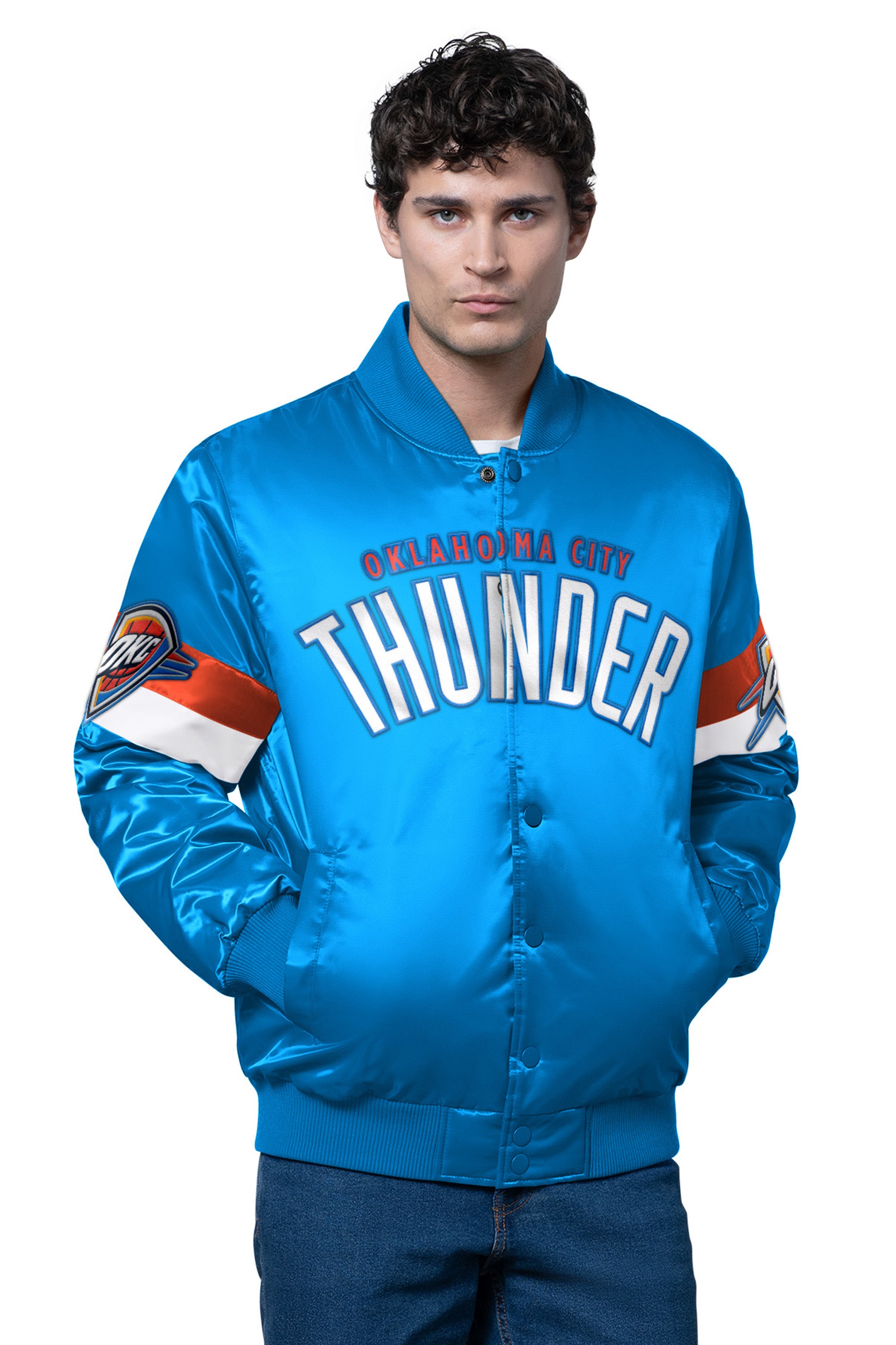 Mens Oklahoma City Thunder Triple Option Satin Varsity Jacket