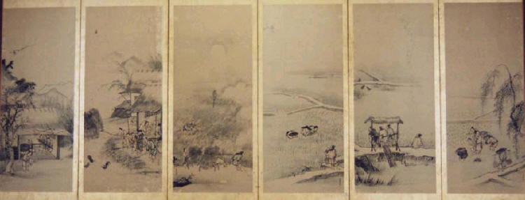 久隅守景(くすみもりかげ)筆 農耕図屏風