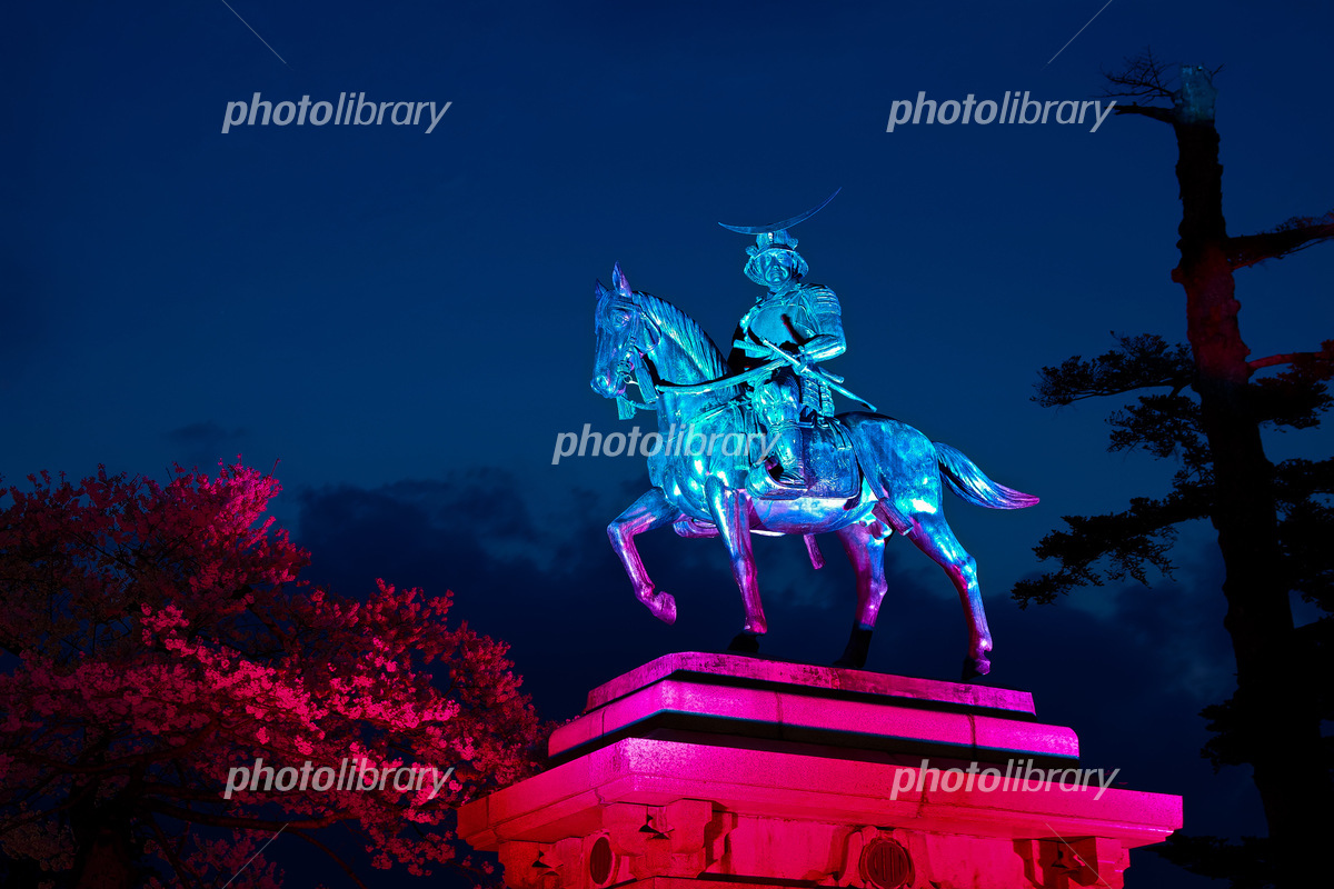 仙台城跡の伊達政宗公騎馬像(ライトアップ風景)【宮城県仙台市】 写真