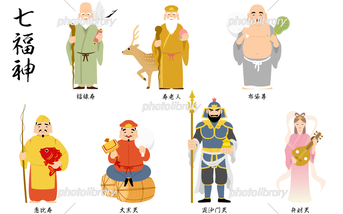 七福神 恵比寿 大黒天 毘沙門天 弁財天 福禄寿 寿老人 布袋尊 イラスト