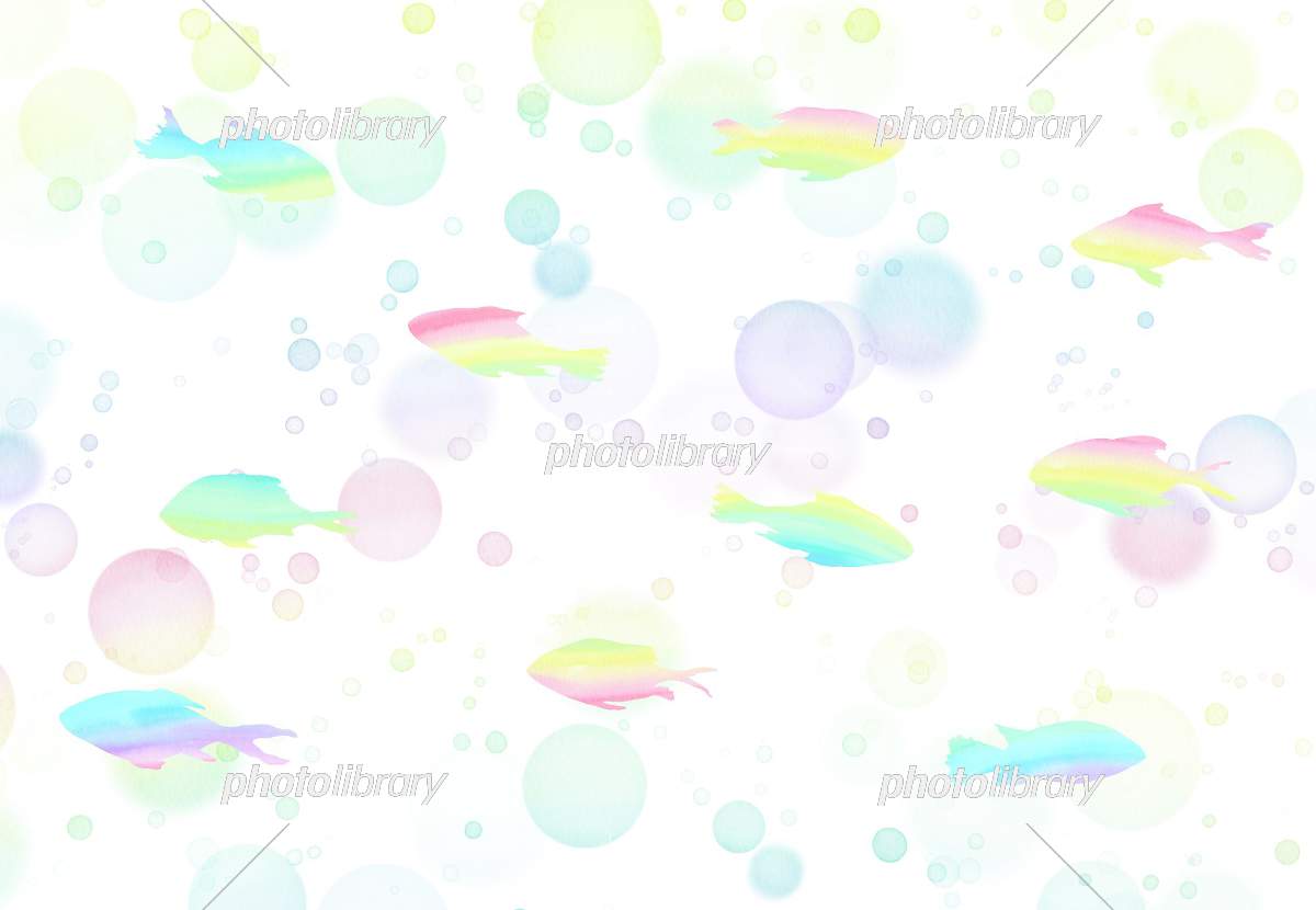 虹色の泡が舞う水中をカラフルな魚達が泳ぐ美しい水彩イラスト 幻想的