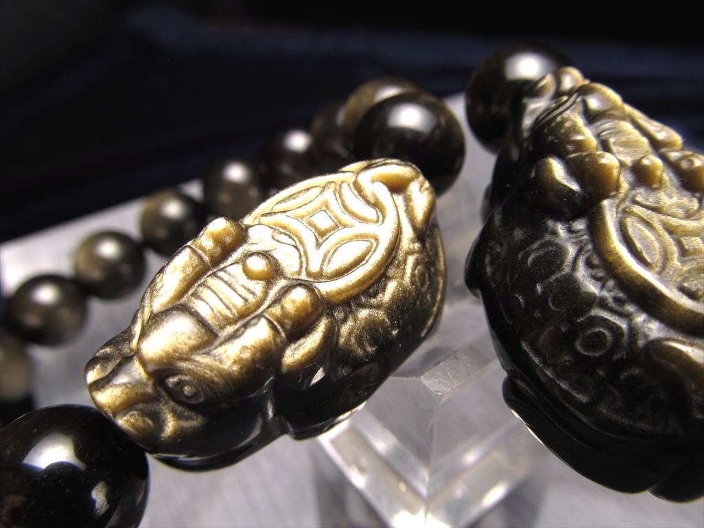 ◇財運を高める瑞獣◇ロングイ彫刻の黒曜石◇ゴールデンシャイン