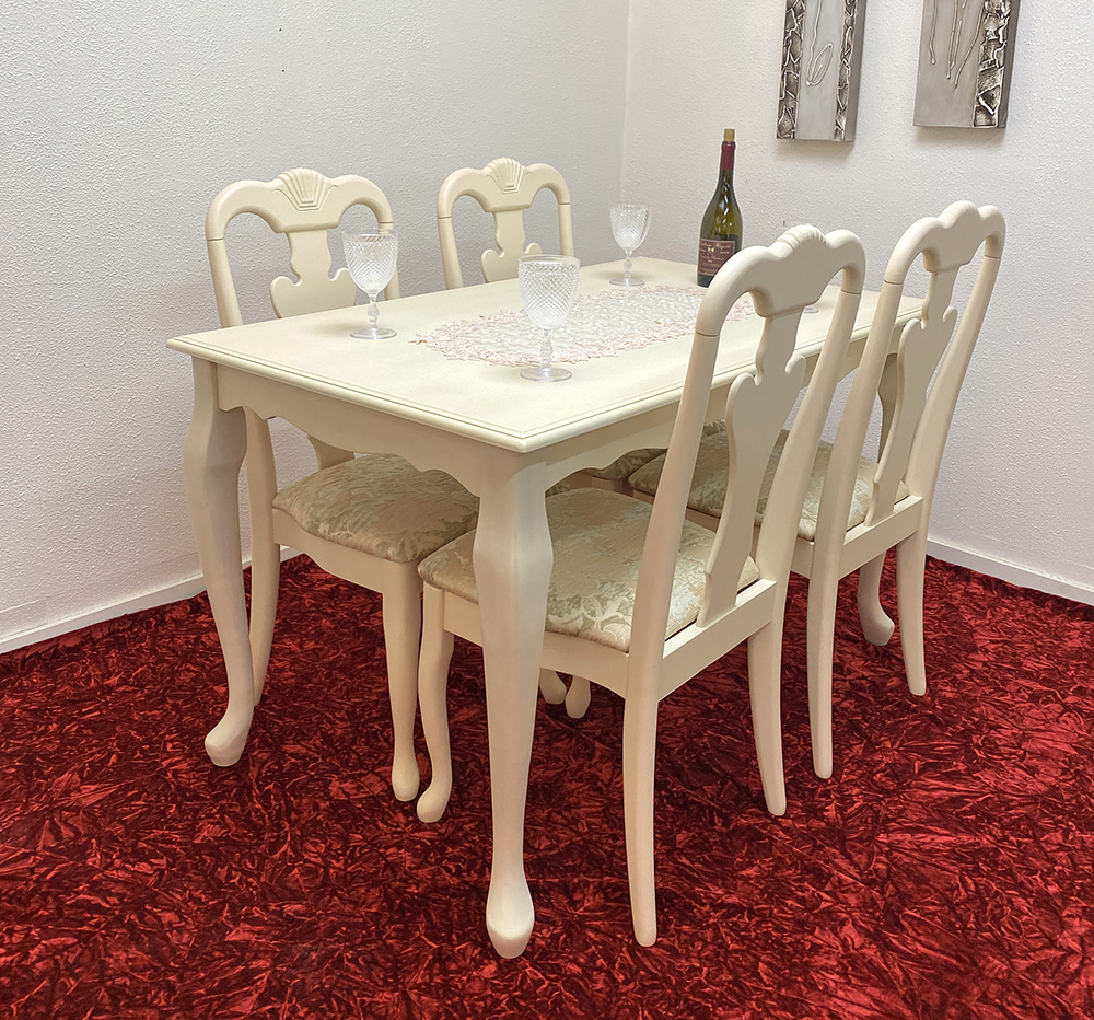 猫足4人掛けダイニングセット（ブリリアン）アイボリー色