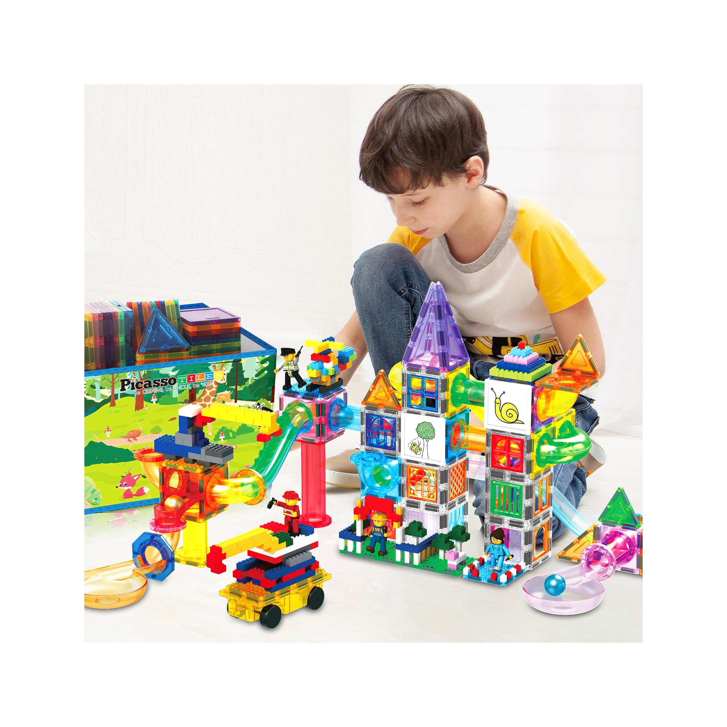 PicassoTiles 700pc Magnetic Tiles, Brick Blocks, Marble Run Set