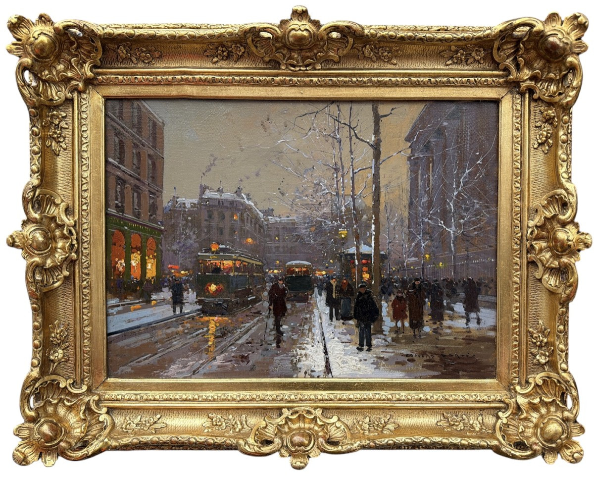 Proantic: Edouard Cortes Paris Place La Madeleine Snowy Evening Oil On