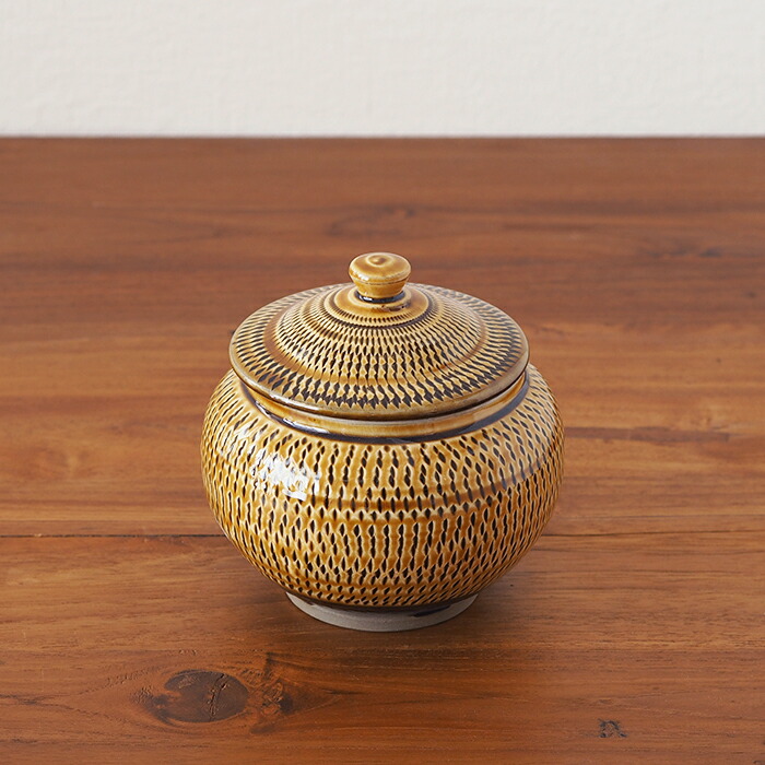 小鹿田焼 小袋窯 3合壺 飴釉飛びかんな | 食器と料理道具の専門店