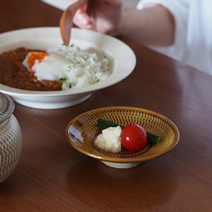 小鹿田焼 小袋窯 4寸皿 飴釉飛びかんな | 食器と料理道具の専門店