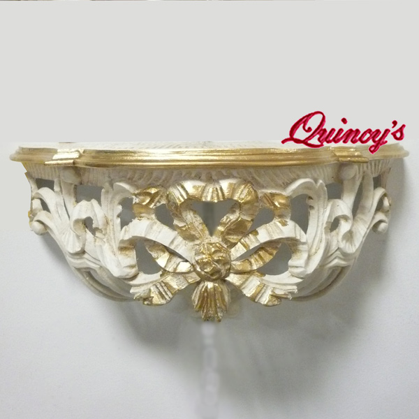 2208】イタリア製壁掛け ロココ調リボンミラー（ホワイト＆ゴールド