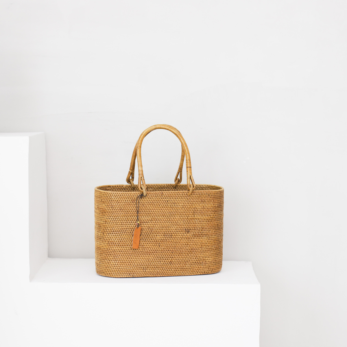 楕円バッグMサイズ マチ広プレーン柄 巾着無し (NAB694P) バリ島 かご