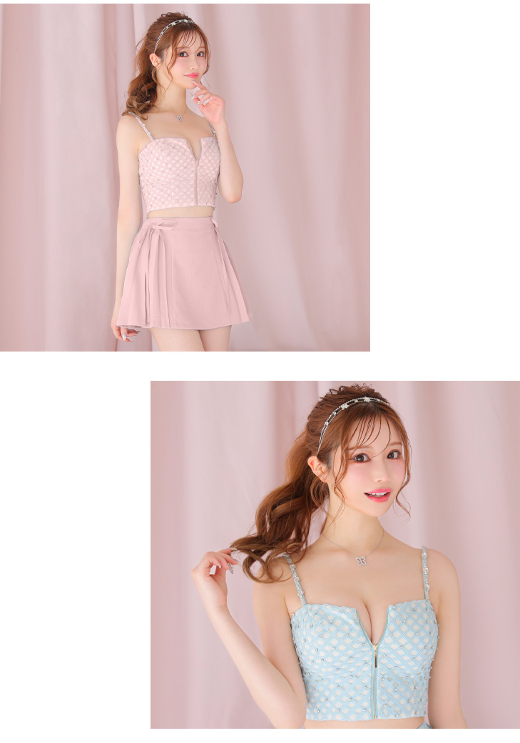 XSサイズあり】チェックビジューサイドリボンセットアップミニキャバ