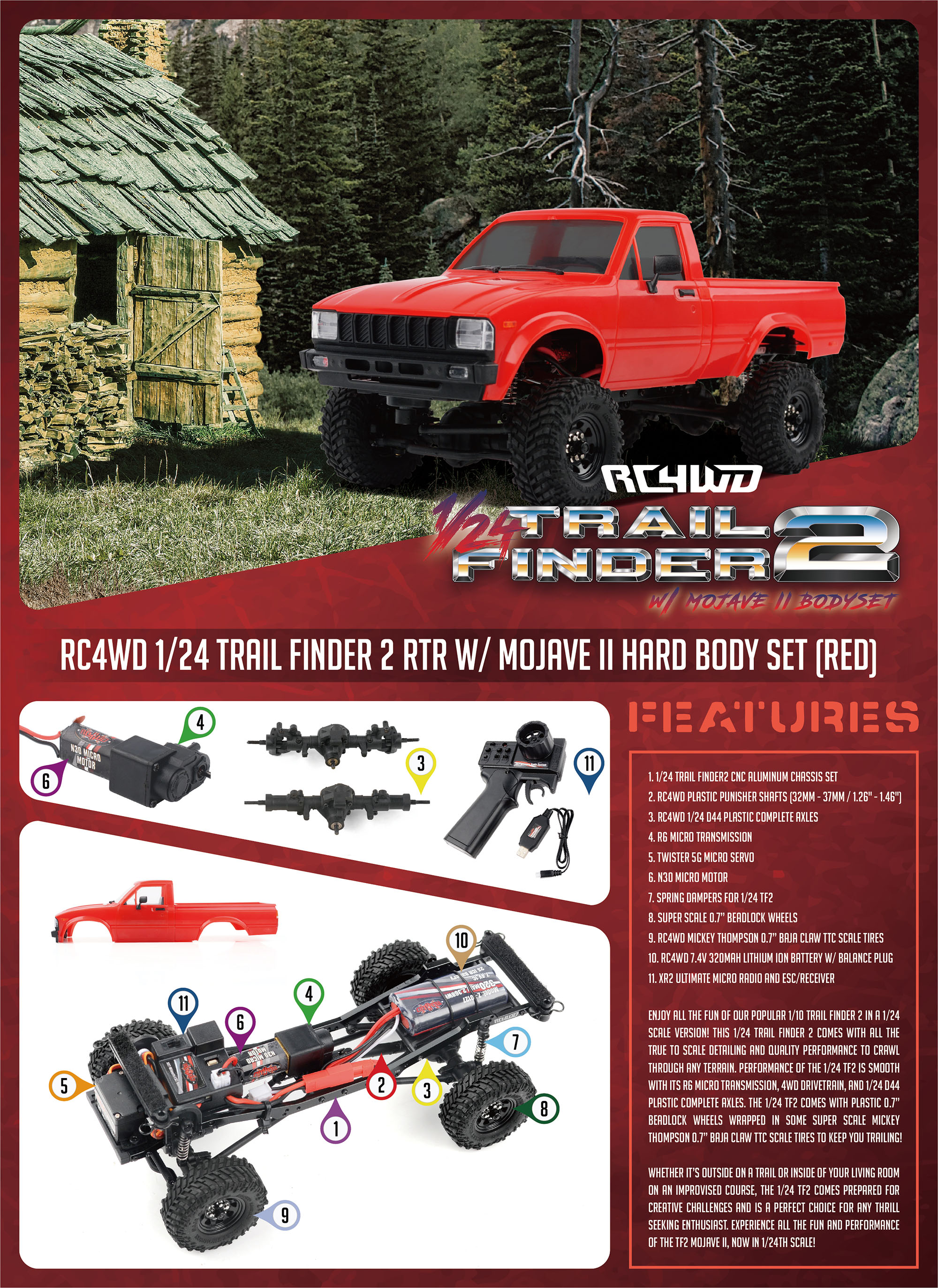 RC4WD 1/24 トレイルファインダー 2 TF2ミニ RTR W/モハーベ II レッド