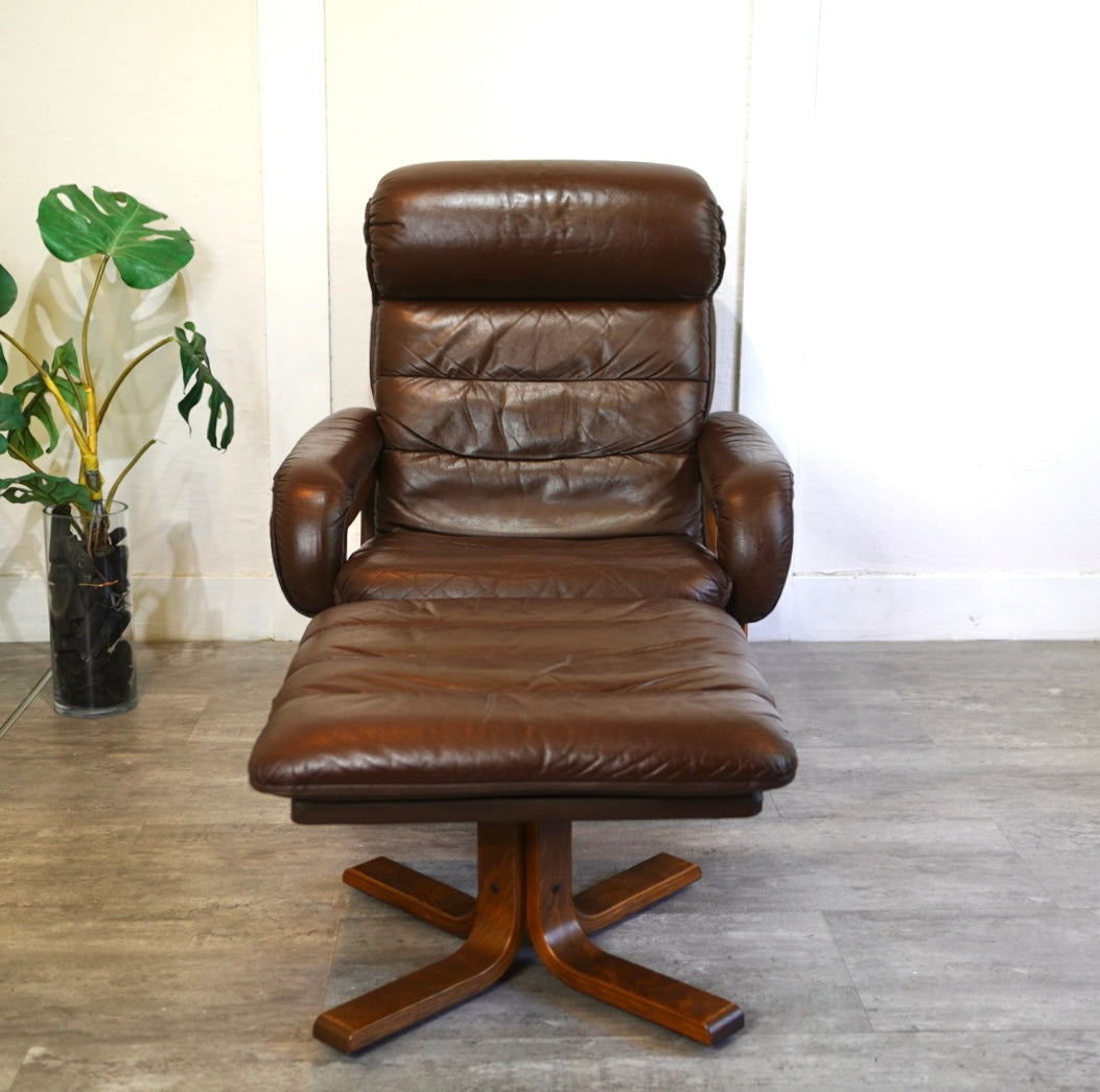 冨士ファニチア パーソナルチェア オットマン付 本革 ヴィンテージ
