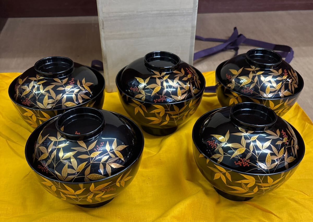 最高級特上品 輪島塗 吸物椀5客 】検お茶会煎茶道具茶懐石梅椀蓋付椀