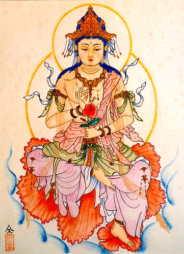 両丹日日新聞：ハイビスカス持つ観音菩薩 沖縄出身僧侶が三和で仏画