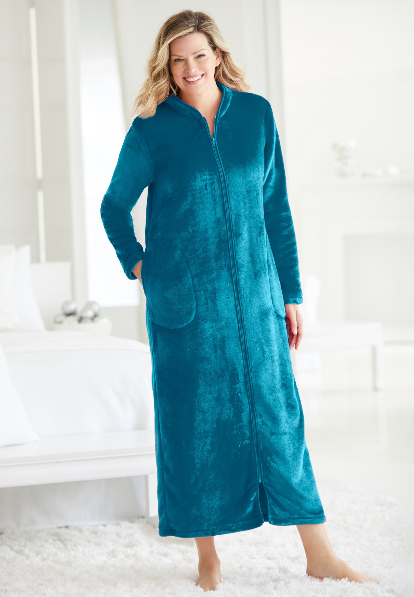 Cozy Microfleece Robe with Pockets, Deep Teal | Woman Within