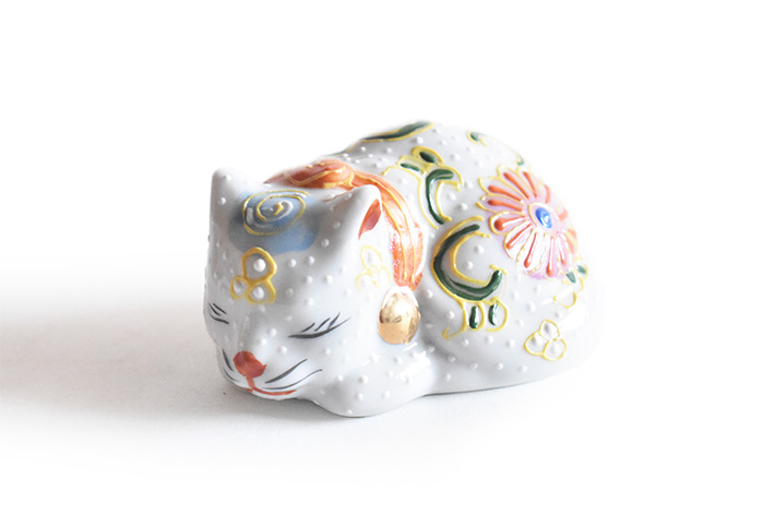 九谷焼 豆眠り猫 置物 白盛