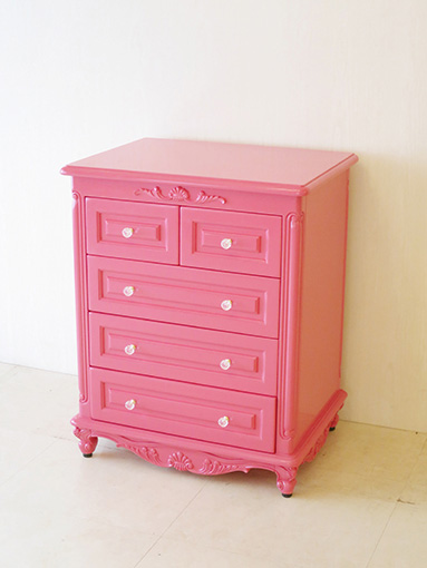 チェスト W60cm スクエアデザイン 引出し4段5杯 ショッキングピンク色