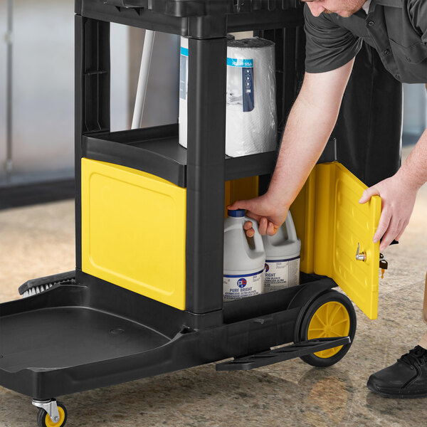 Yellow Lock Box with Key for Premium 3-Shelf Janitor Cart