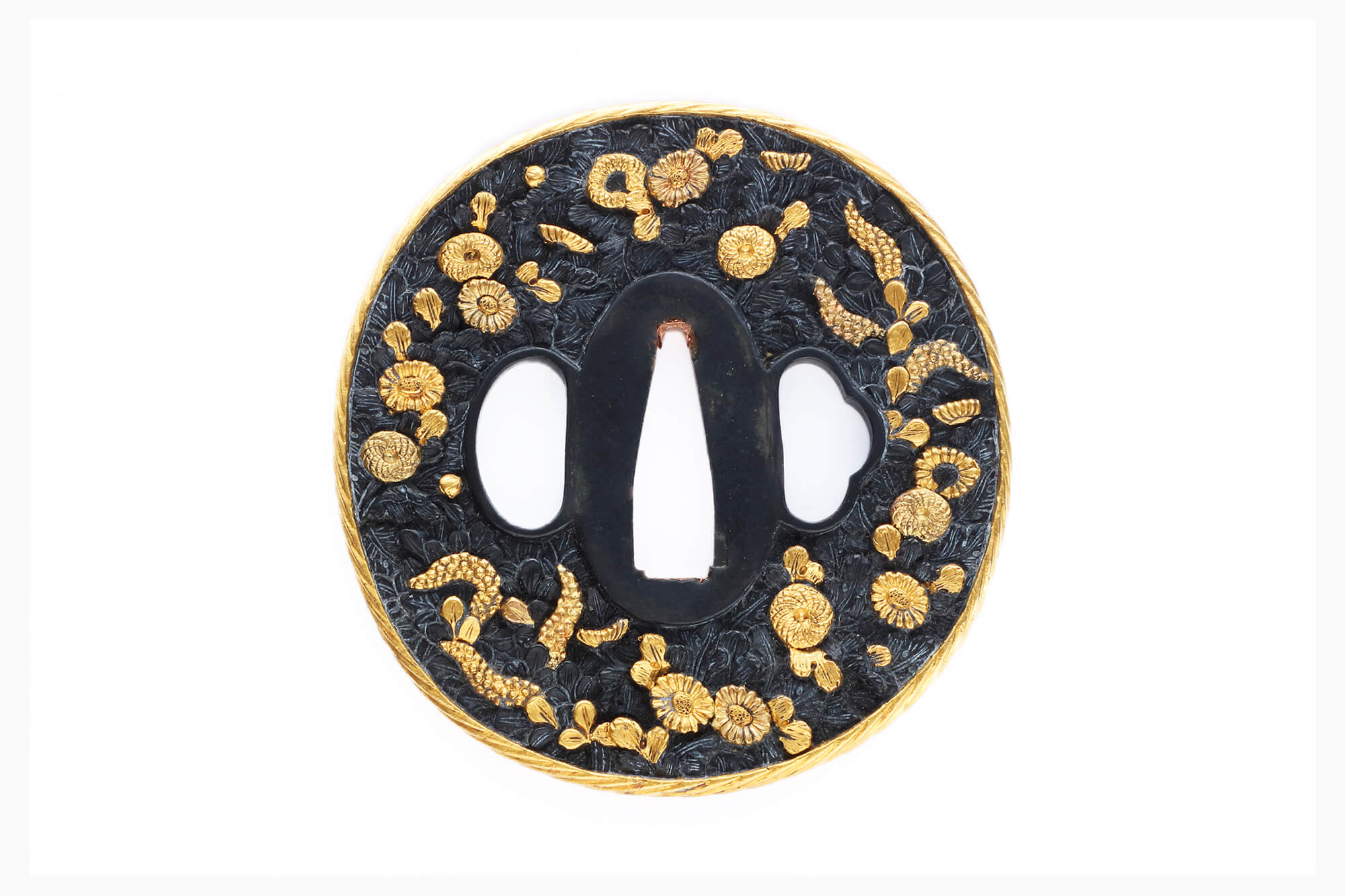 秋草図一作金具 黒蝋色塗鞘 打刀拵 鍔／ホームメイト