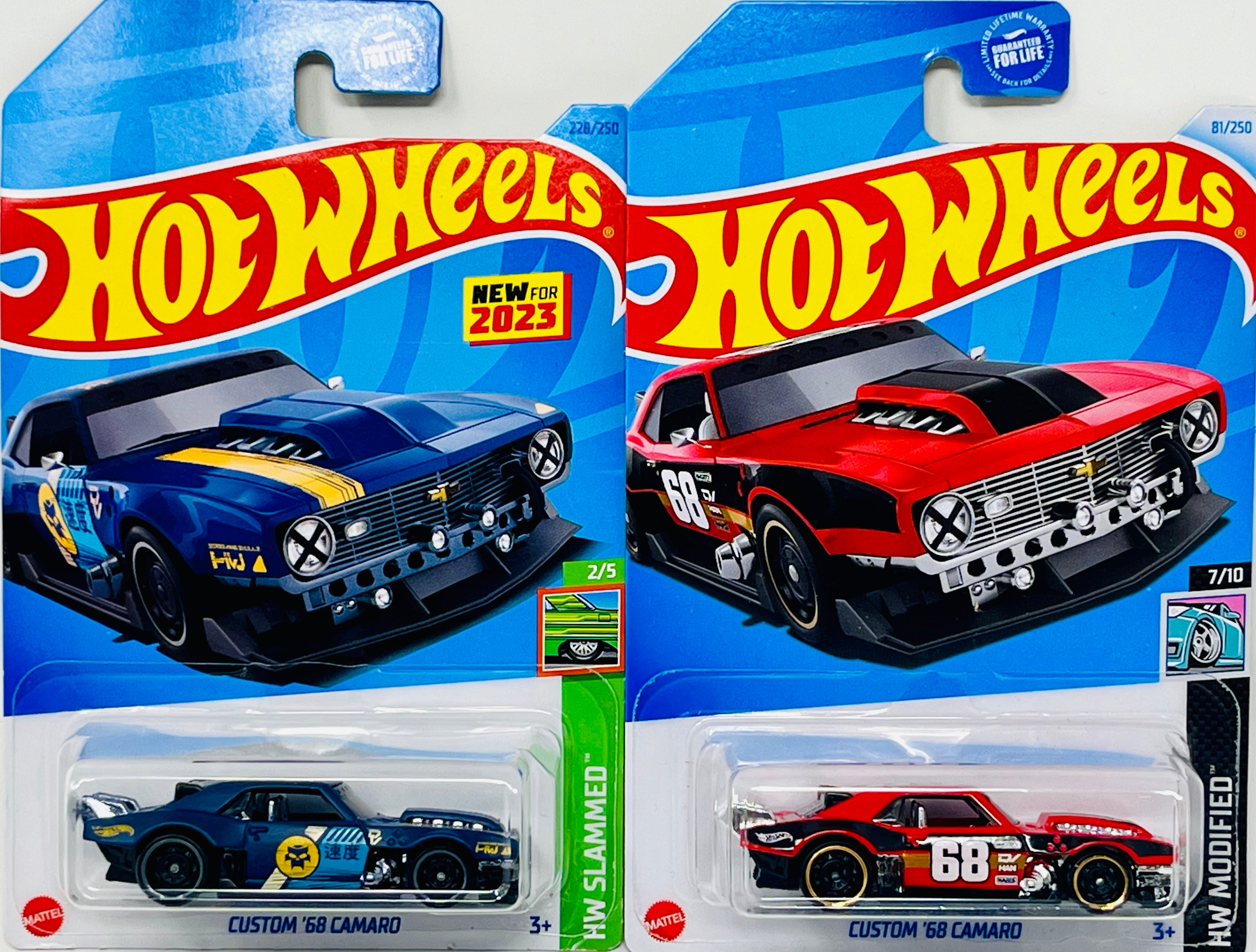 Two Hot Wheels - Custom '68 Camaro 2024 Red 2023 Blue HW Modified