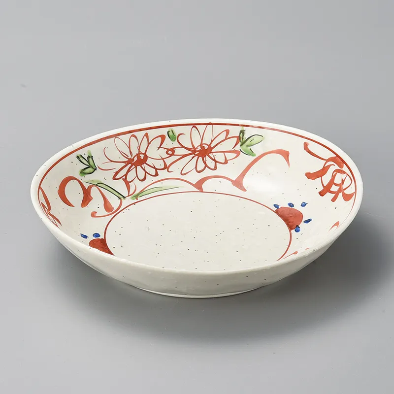 粉引手書赤絵花楕円7.0深皿(和食器,鉢もの,中鉢)|食器通販の陶磁庵