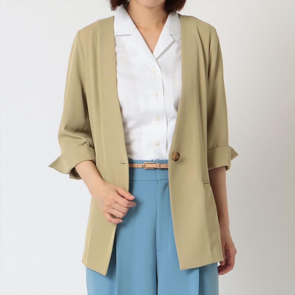 ジャケット ノーカラー 七分袖 マスタード レディース(M マスタード