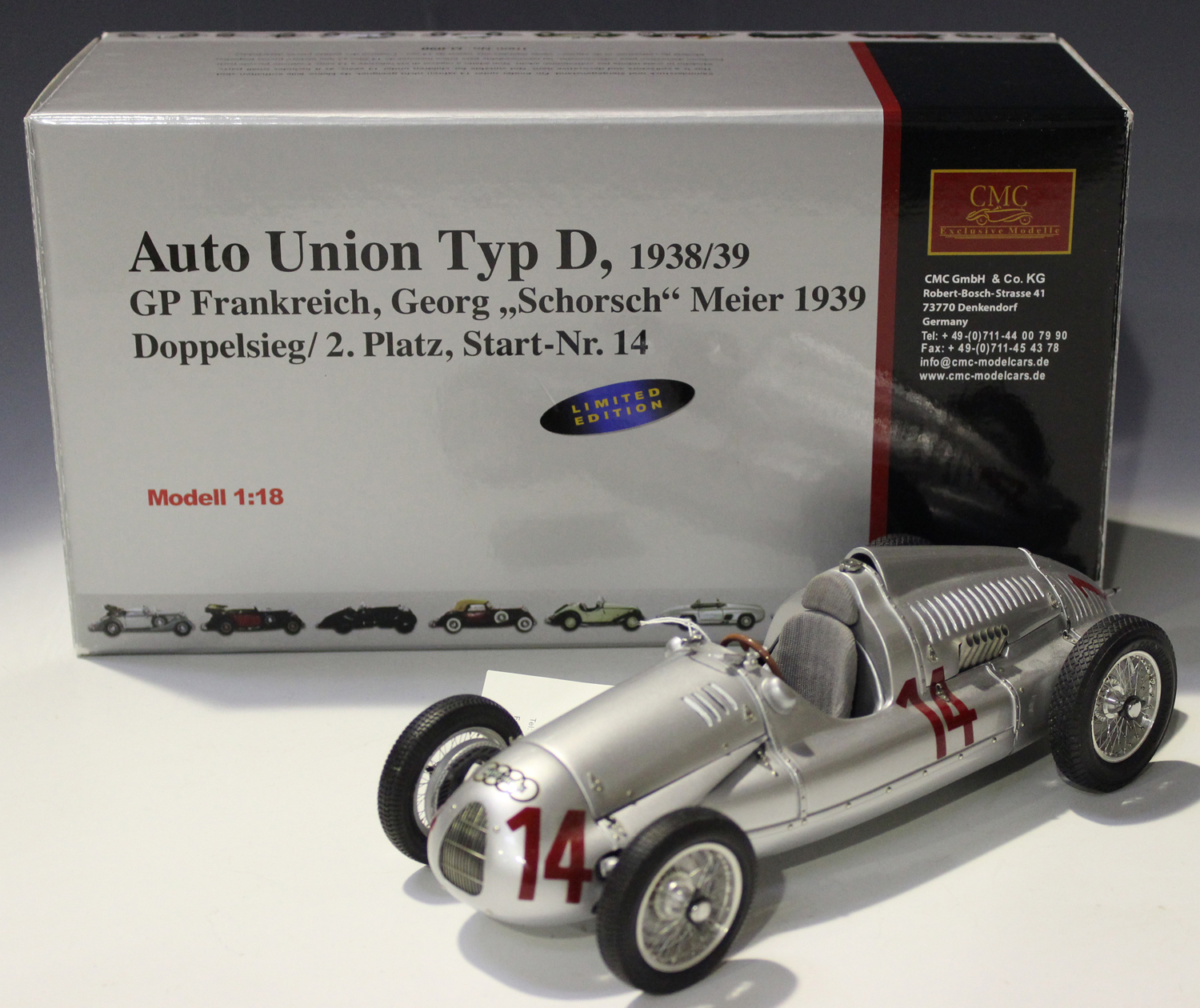 A CMC Exclusive Models 1:18 scale model Auto Union Typ D 1938/39