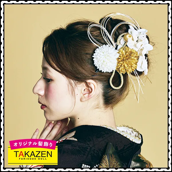 きれいめアップスタイル×豪華な水引き付き髪飾り♡白/ゴールド【通販可