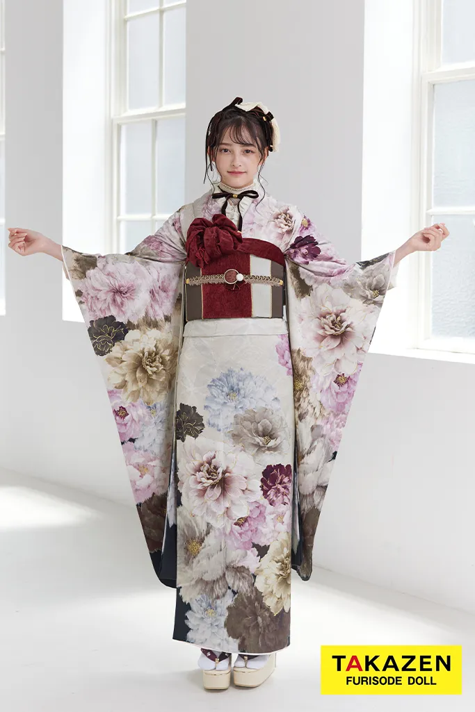 九重×中村里砂ブランド振袖 ベージュ/グレー/くすみカラー 水彩画風