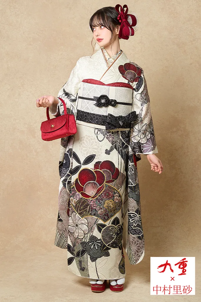 九重×中村里砂 アイボリー/エンジ 梅柄/扇面 レトロ シンプル 白ベース