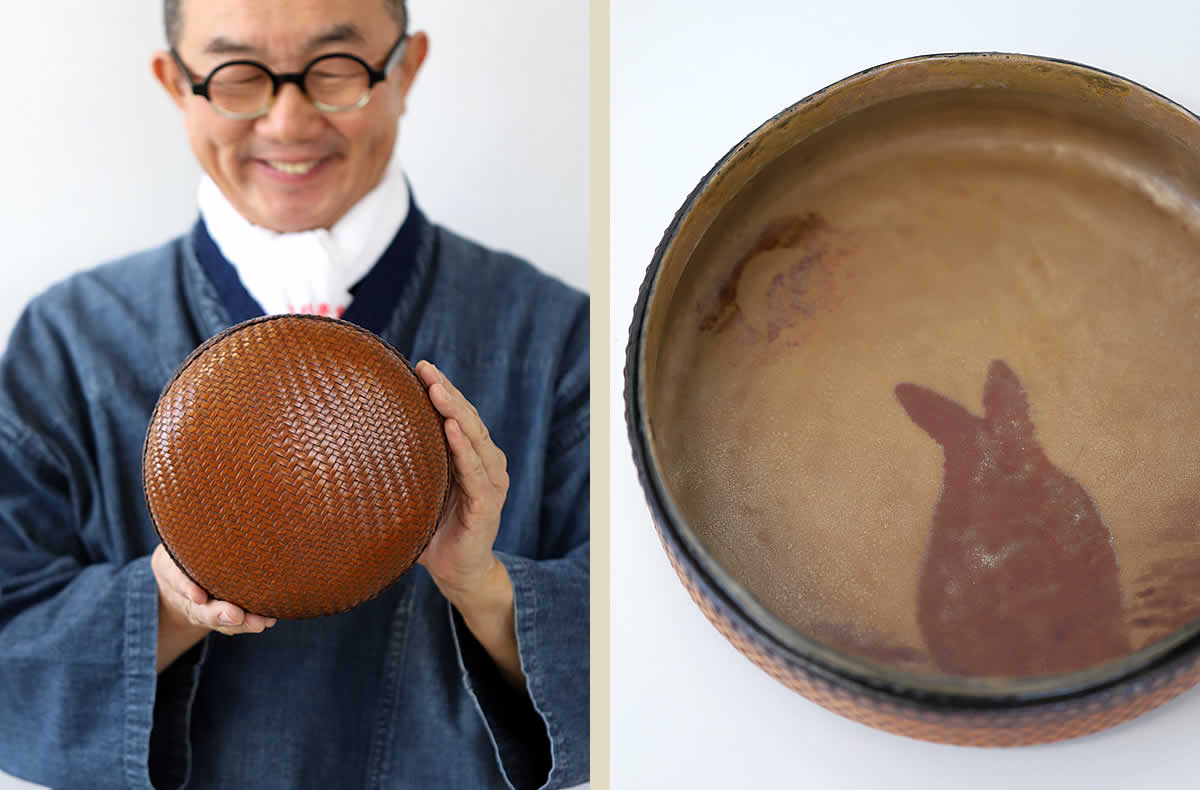 一点限り】塩月寿籃作 蓋つき網代編菓子器 うさぎと三日月 | 虎斑竹