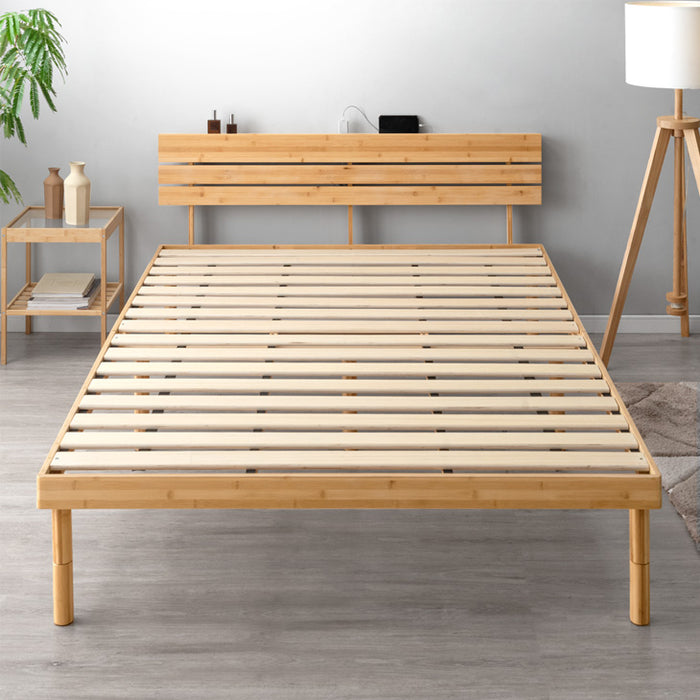 シングル］天然竹 すのこベッド 宮棚＆2口コンセント付 3段階高さ調節